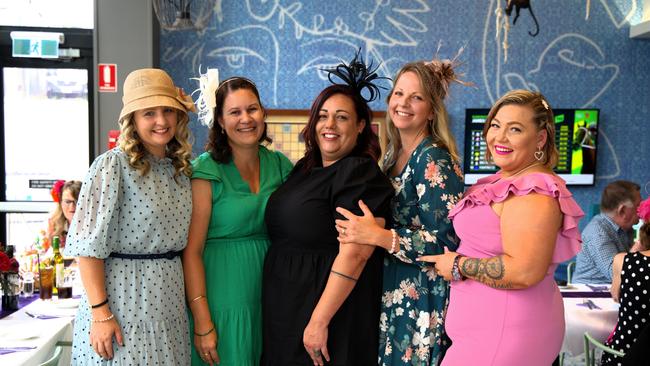 Katrina Agnew, Natalie Cocks, Jamie Vella, Suzie Williams, Teri Williams at the Gympie RSL during the Melbourne Cup Races on November 7, 2023.