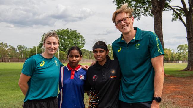 Mariah Williams, Akeima Karyanne Lisa Larissa Lake, Akia Marie Lake and Mack Horton as the Olympians visit Katherine High School as part of the Olympics Unleashed program. Picture: Pema Tamang Pakhrin