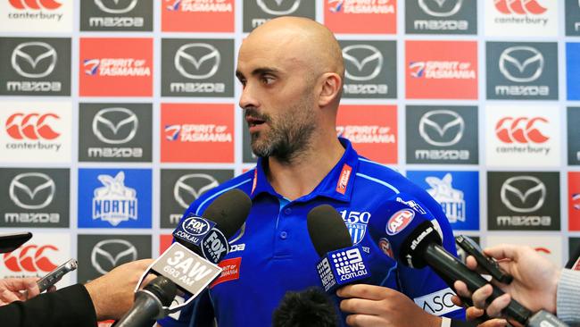 Rhyce Shaw’s first press conference as North Melbourne’s caretaker coach. Picture: Mark Stewart