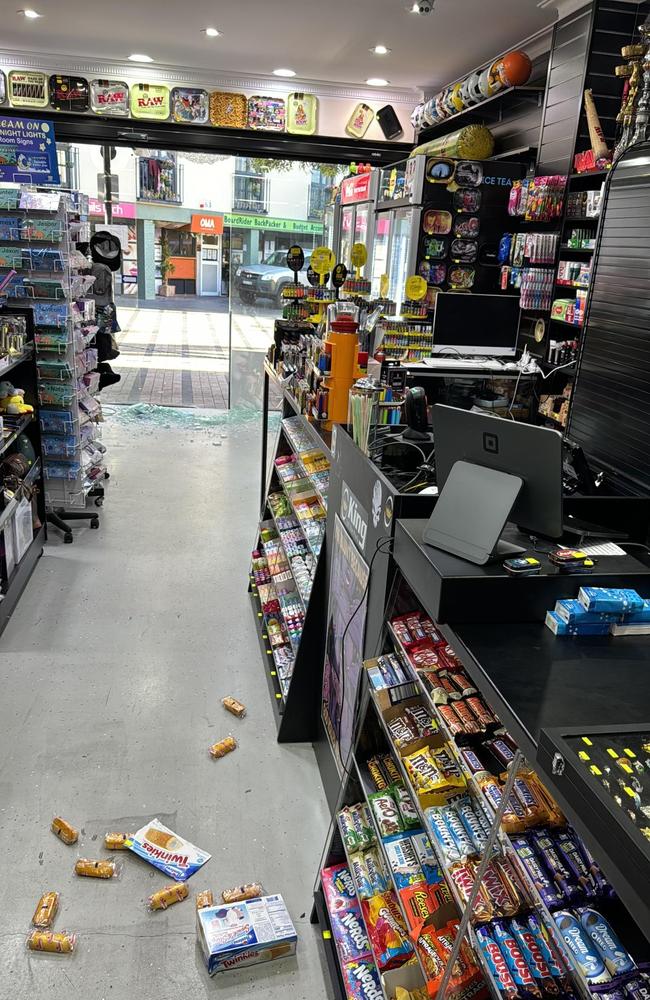 Damage at the King of the Pack tobacconist on Sydney Rd, Manly, which was allegedly damaged by a man armed with a hammer. Picture: Supplied