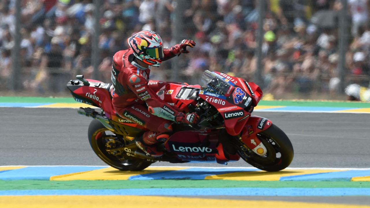 Ducati Lenovo Australian rider Jack Miller reacts after the qualifying rounds ahead of the French Moto GP Grand Prix, at the Bugatti circuit in Le Mans, northwestern France, on May 14, 2022. (Photo by JEAN-FRANCOIS MONIER / AFP)