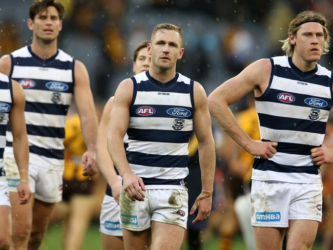 AFL Round 21. 11/08/2018.  Hawthorn v Geelong at the MCG.  Geelong skipper Joel Selwood leads the Cats off the MCG  .Pic: Michael Klein