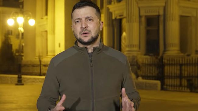 Ukrainian President Volodymyr Zelenskyy delivers a video address in Ukraine. Picture: AFP