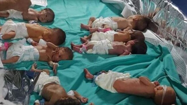 Newborns taken out of incubators wrapped in foil to keep them alive at Gaza’s largest hospital. Picture: BBA