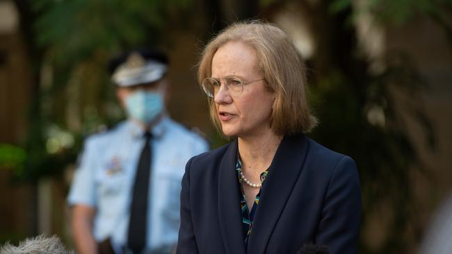 Rubbished AZ … Queensland CHO Jeannette Young at today’s press conference in Brisbane. PICTURE: Brad Fleet