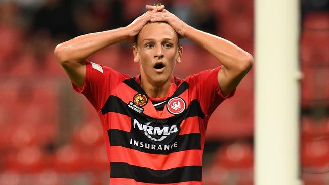 Lachlan Scott of the Wanderers reacts after having an opportunity denied.