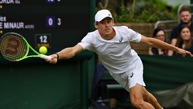 Alex de Minaur of Australia stretches out against Sebastian Korda at Wimbledon. Picture: Getty Images