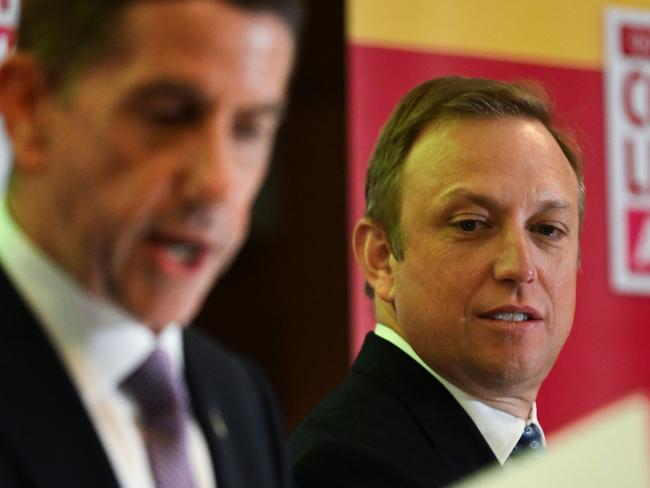 BRISBANE, AUSTRALIA - NewsWire Photos - JUNE 11, 2024. The Queensland Premier Steven Miles (right) and Treasurer and Minister for Trade and Investment Cameron Dick during a press conference before handing down the 2024-25 State Budget, at Parliament House. Photo: Dan Peled / NewsWire