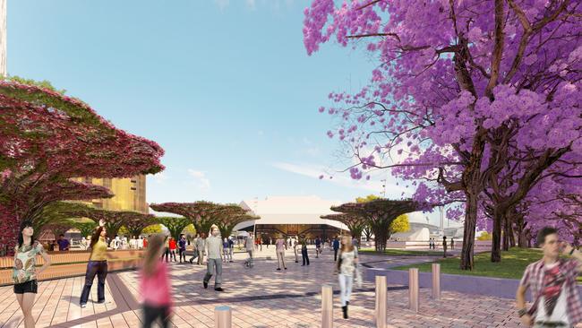 Jacarandas and architecturally-designed arbours will provide shade in the revamped Festival Plaza. Image: ARM Architecture