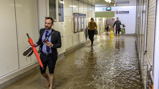 Flooding in Lewisham train station on Wednesday morning. Picture: Nicholas Eagar