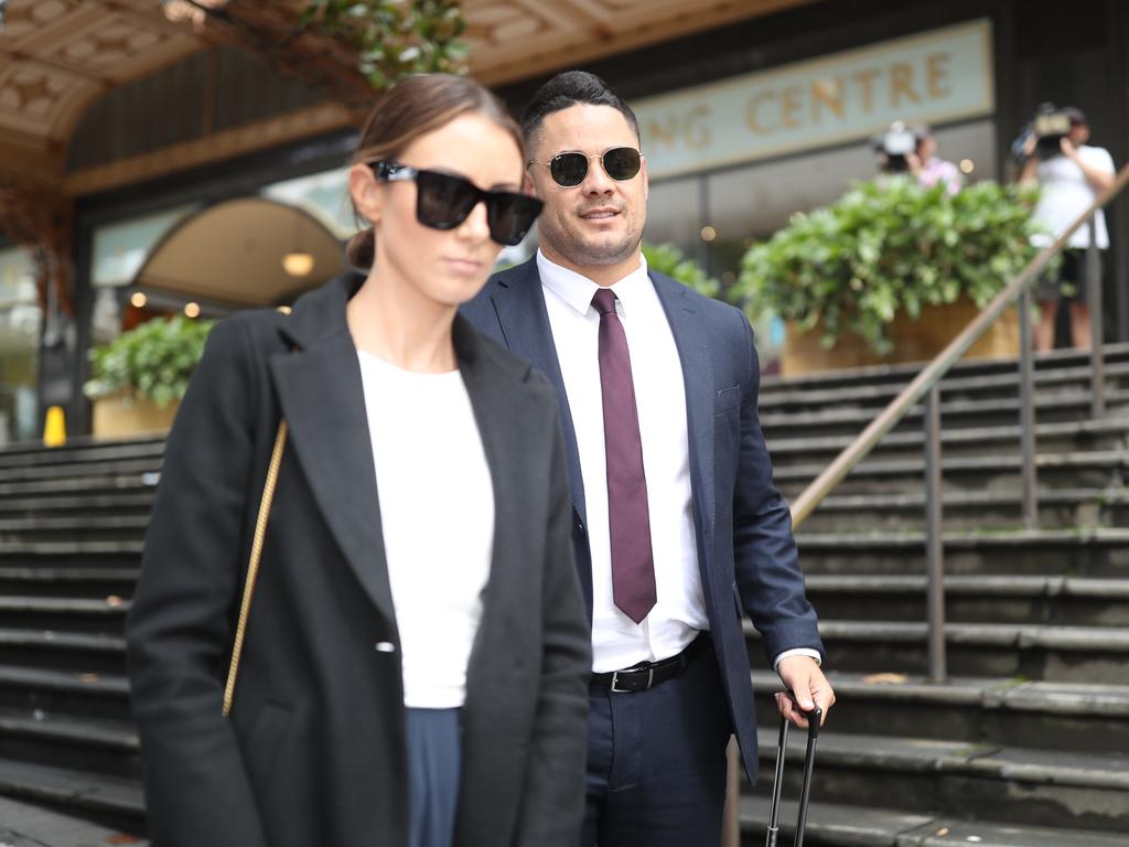 Hayne leaves court with his wife Amelia Bonnici. Picture: NCA NewsWire/Christian Gilles.