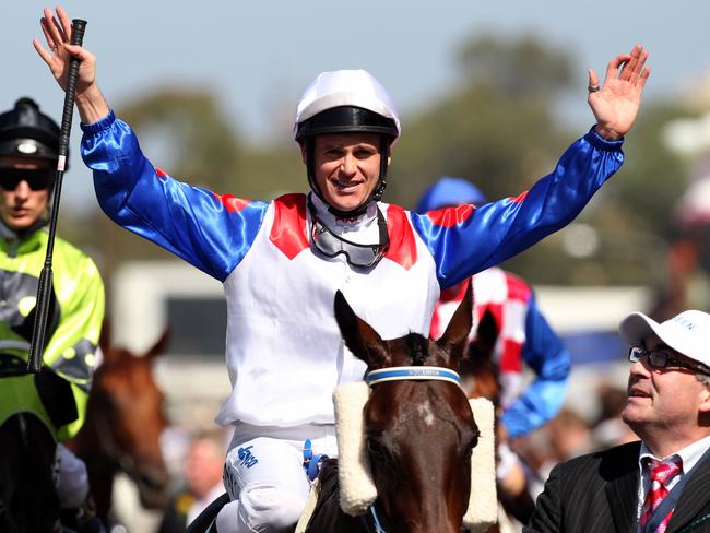 Mosheen and jockey Danny Nikolic return to scale after winning the Vinery Stud Stakes at Rosehill Gardens.