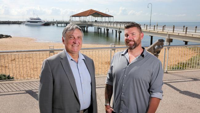 Commerce and Industry Redcliffe Peninsula president Nick Tzimas and Redcliffe City Chamber of Commerce president Ryan Elson at the Redcliffe Jetty. Picture: Chris Higgins.