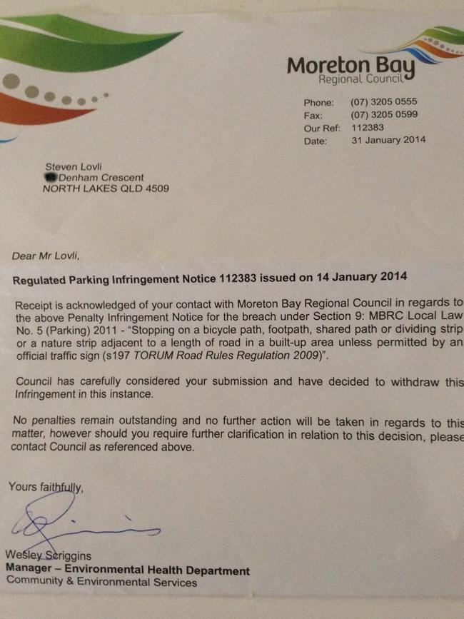 In 2014 Moreton Bay Regional Council cancelled Steven Lovli's fine for "polite parking".