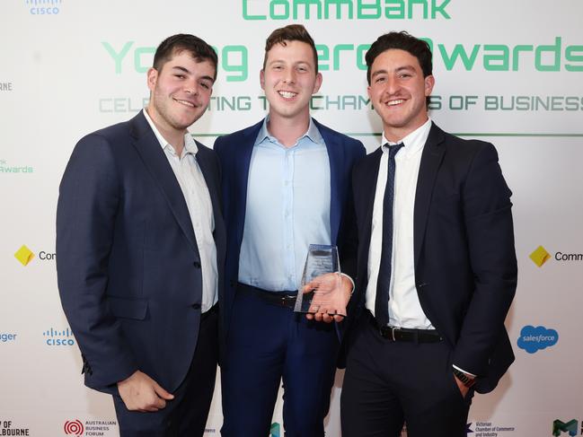 MELBOURNE, AUSTRALIA – MAY 28 2024 Jordan Glick, Samuel Vilshansky and Brandon Efron from the BLITZ BAR – Winner: “Excellence in Marketing” Award at the CommBank Young Hero Awards held at the Langham Hotel in Melbourne. Picture: Brendan Beckett