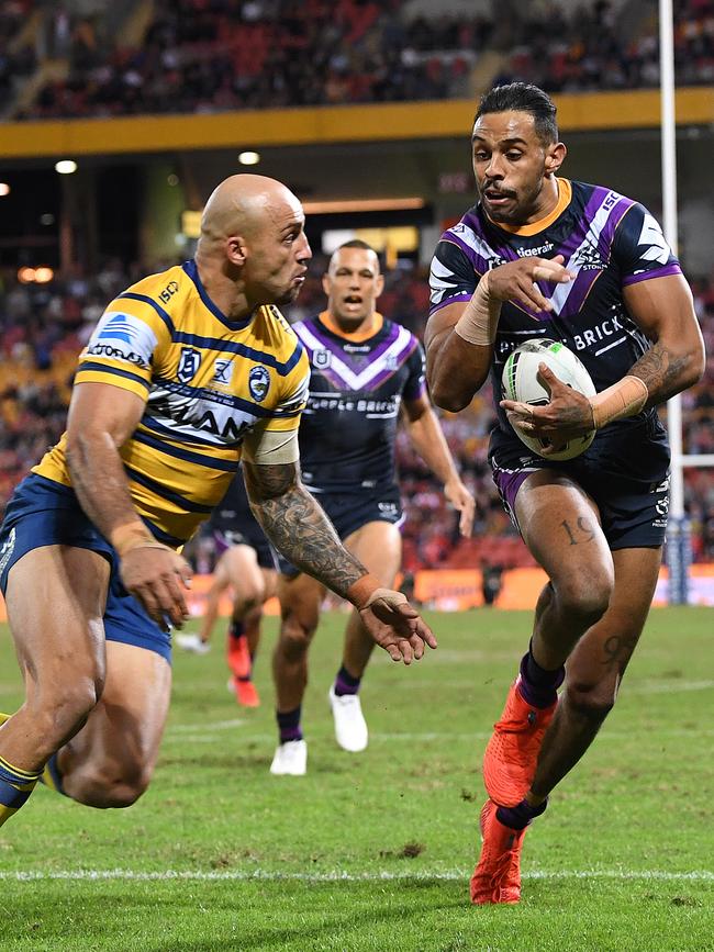 Ferguson and Addo-Carr do battle on the field. Picture: AAP Image/Dave Hunt