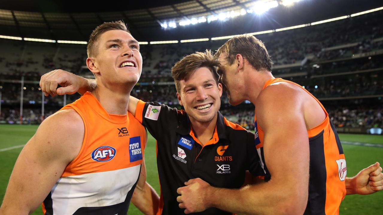 Toby Greene (centre) is back in the team, but Lachlan Keeffe (right) has missed out. Picture. Phil Hillyard