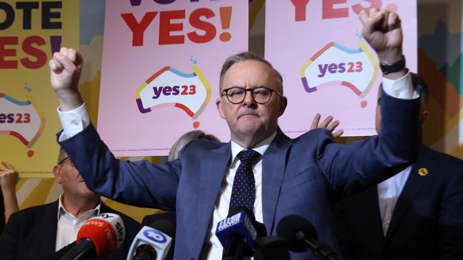 Prime Minister Anthony Albanese speaks to the media at the Adelaide Central Market on Friday to make his final pitch to the people of South Australia for the Yes vote. Picture: NCA NewsWire / Kelly Barnes