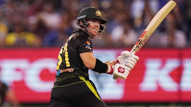 David Warner of Australia bats during the T20 International match between Australia and Sri Lanka at the MCG in Melbourne, Friday, November 1, 2019. (AAP Image/Michael Dodge)