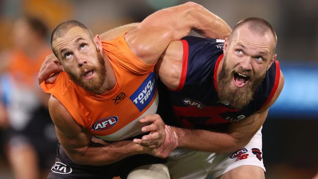 GWS big man Shane Mumford competes with Melbourne ruckman Max Gawn. Picture: Michael Klein