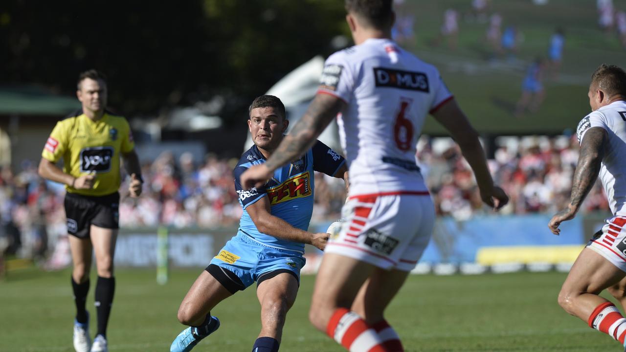 Ash Taylor of Gold Coast Titans takes on the St George Illawarra Dragons line during the NRL round 3 game between the sides at Toowoomba’s Clive Berghofer Stadium in 2018.