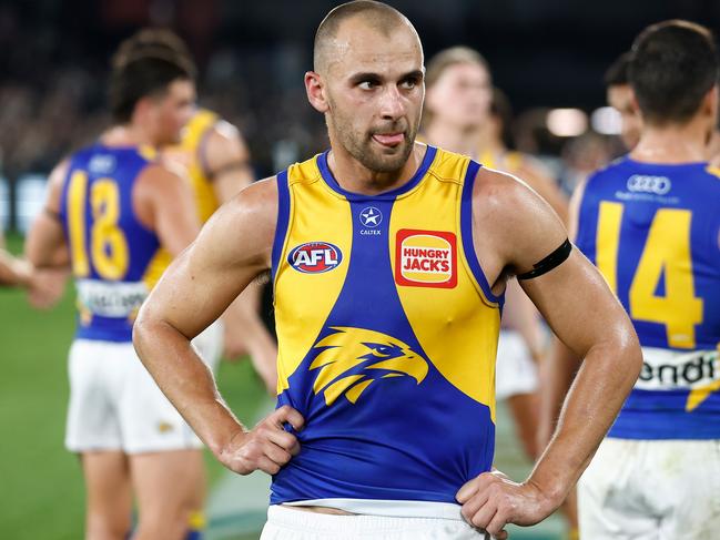 MELBOURNE, AUSTRALIA - MAY 12: Dom Sheed of the Eagles looks dejected after a loss during the 2024 AFL Round 09 match between the Collingwood Magpies and the West Coast Eagles at Marvel Stadium on May 12, 2024 in Melbourne, Australia. (Photo by Michael Willson/AFL Photos via Getty Images)