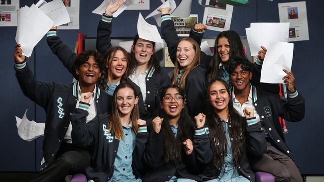 Cranbourne East Secondary College students celebrate their VCE high performance. Picture: David Caird