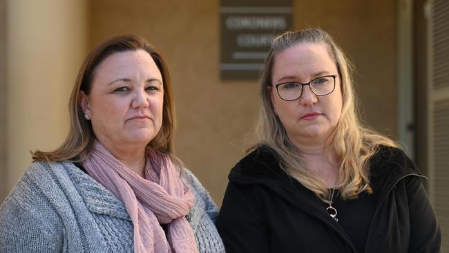 Megan Napier (left) and Tracey Toune speak to the media outside the Coroner's Court after hearing evidence into the death of their father, Robert Lloyd Hall. Picture: NCA NewsWire