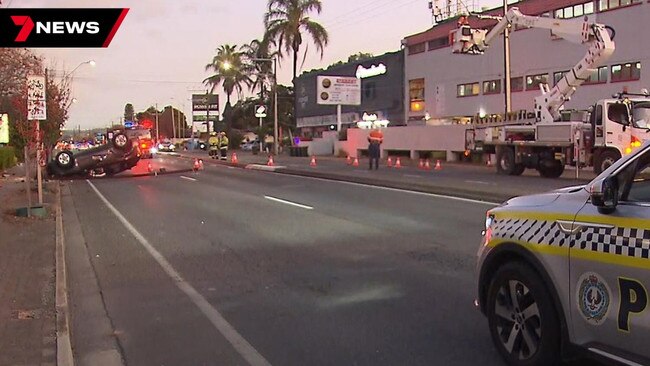 Marion Road at South Plympton has been closed off to traffic after a car slammed into a stobie pole and flipped. Picture: 7News.