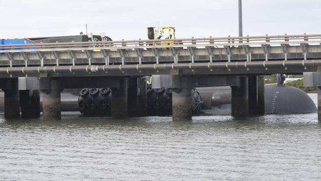 The submarine HMAS Collins is seen docked at Pinkenba today. Picture: Alistair Bulmer