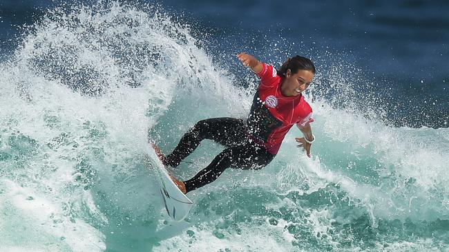 Australia's Sally Fitzgibbons during her victory over Australia's Stephanie Gilmore in the final of the Surfest 2016 surfing competition at Merewether Beach in Newcastle. Pic Brett Costello