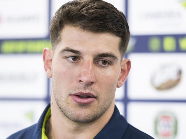 CANBERRA, AUSTRALIA - SEPTEMBER 11: Canberra Raiders NRL player Curtis Scott speaks to the media during a press conference on September 11, 2020 in Canberra, Australia. Scott was charged after being arrested on Australia Day in Sydney earlier this year. (Photo by Rohan Thomson/Getty Images)