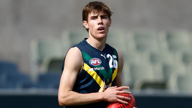 MELBOURNE, AUSTRALIA - APRIL 13: Harry O'Farrell of the AFL Academy in action during the 2024 AFL Academy match between the Marsh AFL National Academy Boys and Coburg Lions at Ikon Park on April 13, 2024 in Melbourne, Australia. (Photo by Michael Willson/AFL Photos via Getty Images)