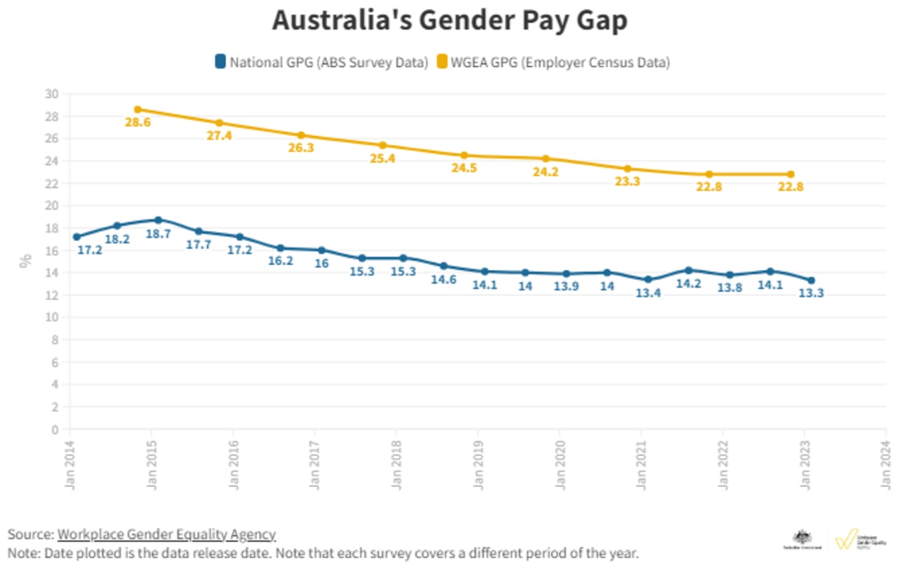 The pay gap has remained relatively stable in recent years, hovering between 13.3 per cent and 15.3 per cent since 2018.