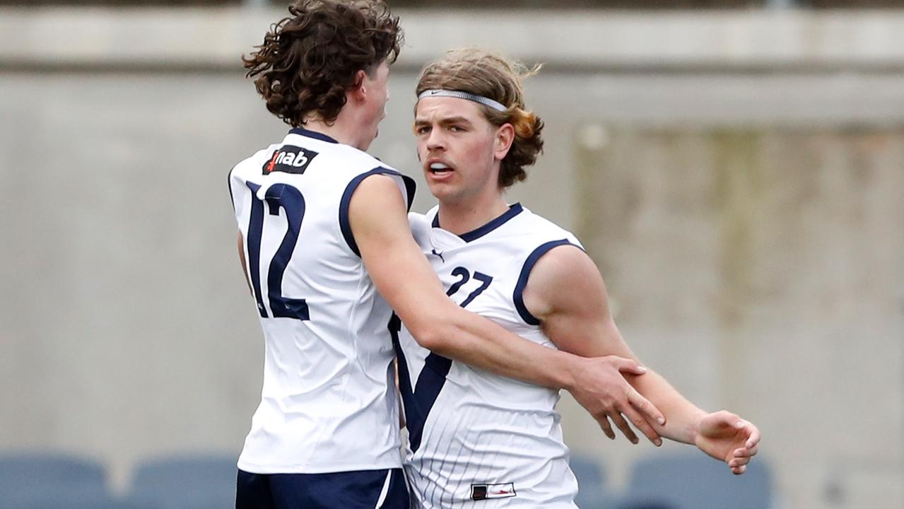 Zac McInnes celebrates a goal at the under-16 champs. Picture: Dylan Burns/AFL Photos