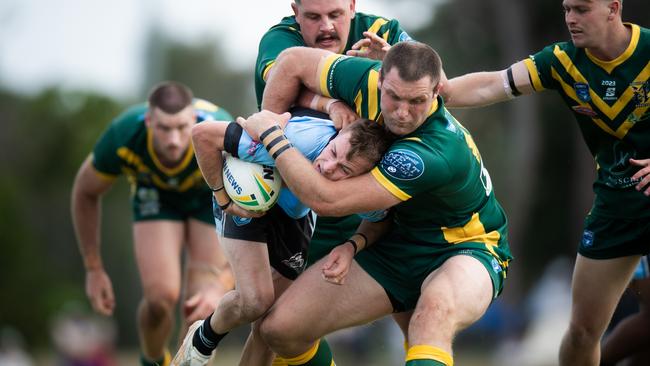 Ballina’s Hamish McClintock and Cudgen pair Zac Blattner and Caleb Ziebell (centre) were three of just 14 players to back up from last year’s grand final. Photo: Elise Derwin