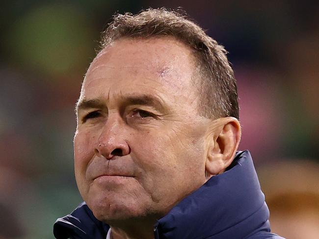 CANBERRA, AUSTRALIA - JUNE 09: Raiders coach Ricky Stuart watches on during the round 15 NRL match between Canberra Raiders and New Zealand Warriors at GIO Stadium on June 09, 2023 in Canberra, Australia. (Photo by Mark Nolan/Getty Images)