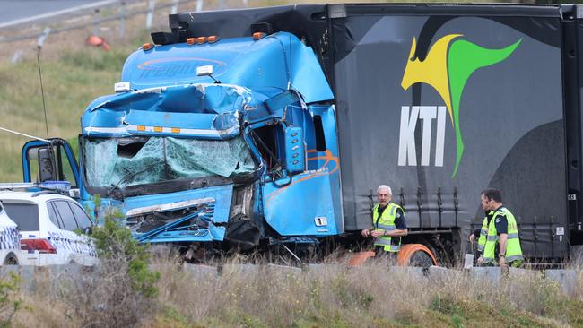 The truck collided with the school bus about 3.15am. Picture: Brendan Beckett