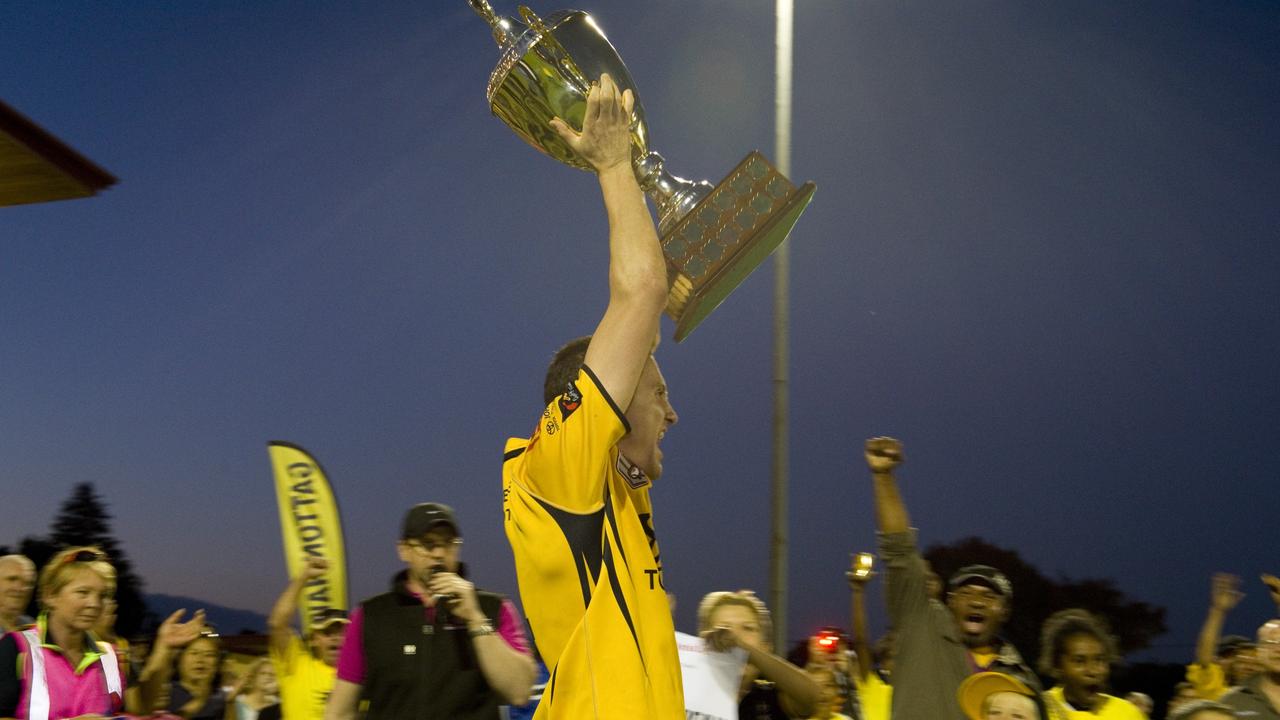 Hawks captain Aaron Werth raises the TRL cup, Gatton Hawks v Valleys Roosters, Toowoomba Rugby League grand final at Clive Berghofer Stadium, Sunday, September 01, 2013. Photo: Kevin Farmer.