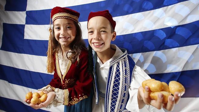 Karlia and Timmy Xanthopoulos, both 9, at the Greek Club in Brisbane. Picture: Josh Woning)