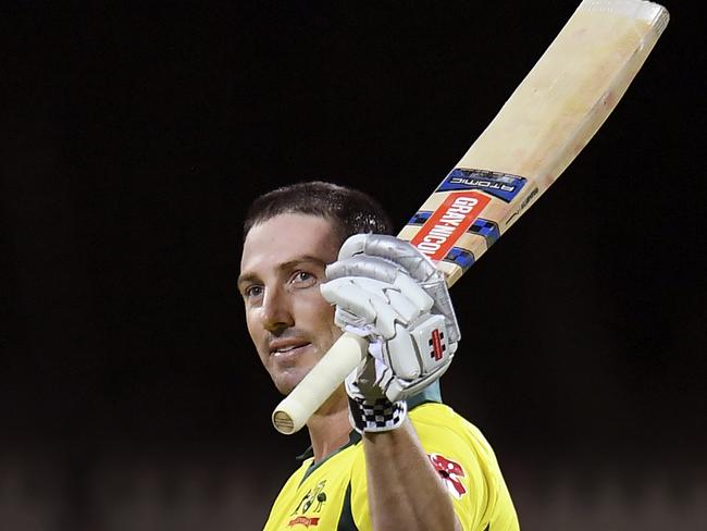 Australia’s Shaun Marsh celebrates scoring his century. Picture: AFP