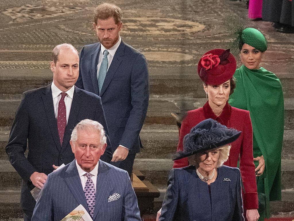 Prince Harry and Meghan Markle with William, Kate, Charles and Camilla during the Sussexes last official royal engagement in March 2020. Picture: Phil Harris/AFP