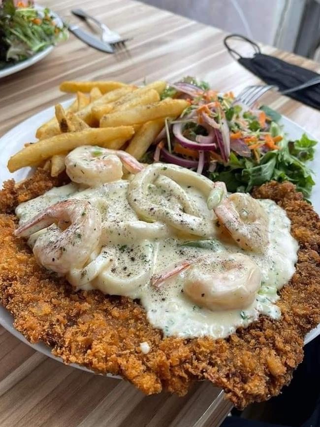 A seafood topping on a giant schnitzel at the Macclesfield Hotel.