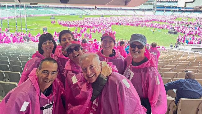 Toni Korsanos and husband Angelo, with children Angellos and Athena with Jamie Odell and friends at the MCG for a Pink Lady event supporting breast cancer research.