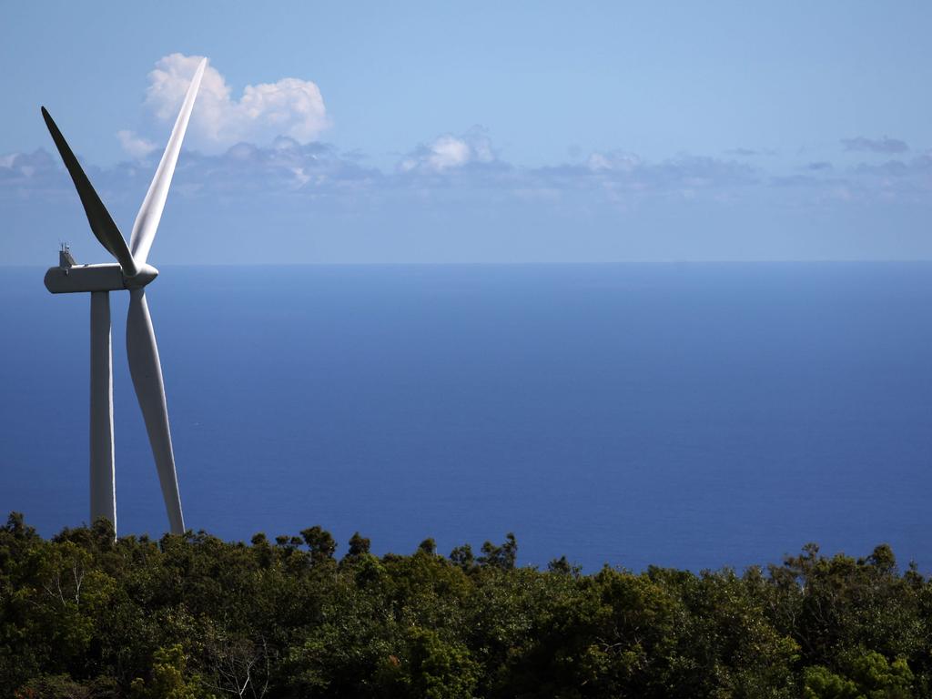 This photograph shows a TotalEnergies' wind turbine at the La Perriere wind farm in Sainte-Suzanne on the French overseas island of la Reunion, on January 22, 2025. (Photo by Richard BOUHET / AFP)