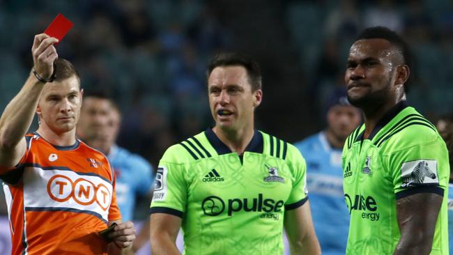 Referee Brendon Pickerill shows a red card to Tevita Nabura of the Highlanders.