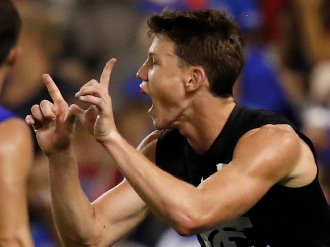 MELBOURNE, AUSTRALIA - APRIL 21: Sam Walsh of the Blues celebrates a goal on the final siren during the 2019 AFL round 05 match between the Western Bulldogs and the Carlton Blues at Marvel Stadium on April 21, 2019 in Melbourne, Australia. (Photo by Michael Willson/AFL Photos)