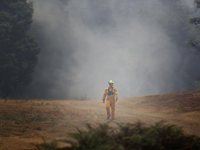 Simon Pilkington returns from checking one of the fire fronts at the top of Donnelly’s Road, Geeveston. Picture: RICHARD JUPE