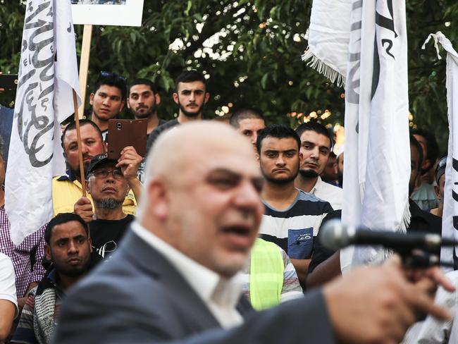 Hizb ut-Tahrir rally near Lakemba Train Station in protest to the oppression of the Syrian people tonight. Picture: Dylan Robinson