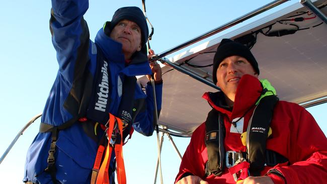 Richard Durham, 59, and David Hows, 46, during the Sydney Gold Coast Yacht Race aboard Ocean Gem. Photo: Shaya Laughlin